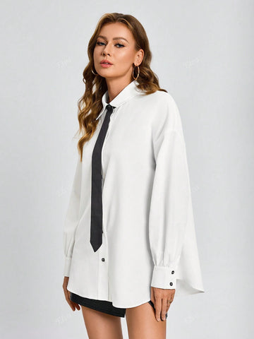 Women's French Casual Solid Color Blouse With Tie, Business Interview Commute Relaxed Style Minimalist Elegant Mature Blouse, Spring/Autumn