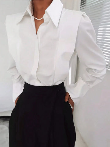 Women's French Style Solid Color Long Sleeve Shirt, Loose Fit, Business Interview Commuter Casual, Minimalist Chic Elegant, Elegant Mature Blouse For Spring Summer Autumn