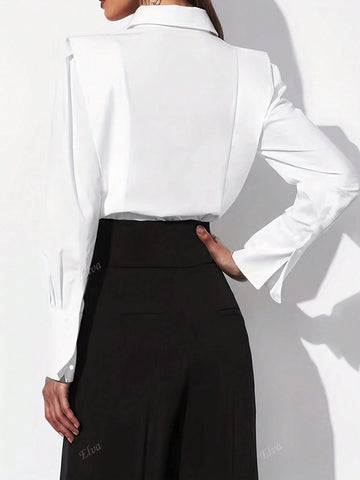 Women's French Style Solid Color Long Sleeve Shirt, Loose Fit, Business Interview Commuter Casual, Minimalist Chic Elegant, Elegant Mature Blouse For Spring Summer Autumn