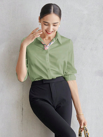 Women's Shirt Green Long Sleeve Business Interview Commuting Leisure Relaxation Simple Temperament Spring Summer Autumn Shirt