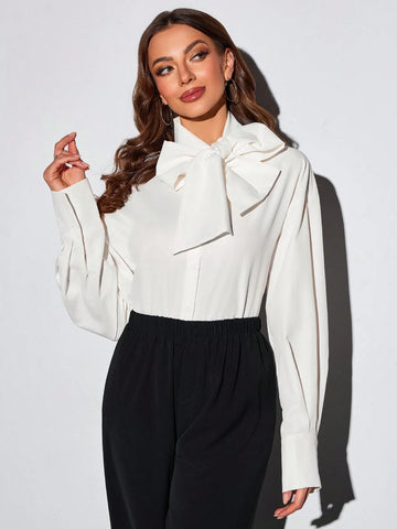 Women's Shirt Solid Color Big Bow Long Sleeve Business Interview Commuting Casual Relaxed Sense Simple Temperament Elegant Spring Summer Autumn Women's Shirt