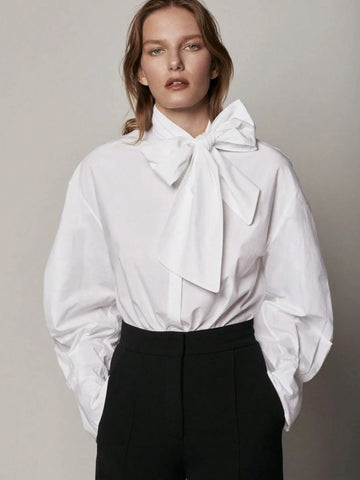 Women's Shirt Solid Color Big Bow Long Sleeve Business Interview Commuting Casual Relaxed Sense Simple Temperament Elegant Spring Summer Autumn Women's Shirt