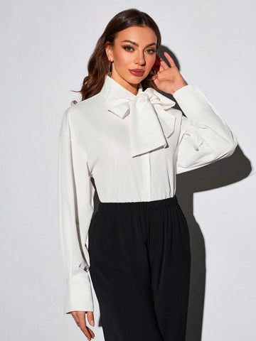 Women's Shirt Solid Color Big Bow Long Sleeve Business Interview Commuting Casual Relaxed Sense Simple Temperament Elegant Spring Summer Autumn Women's Shirt