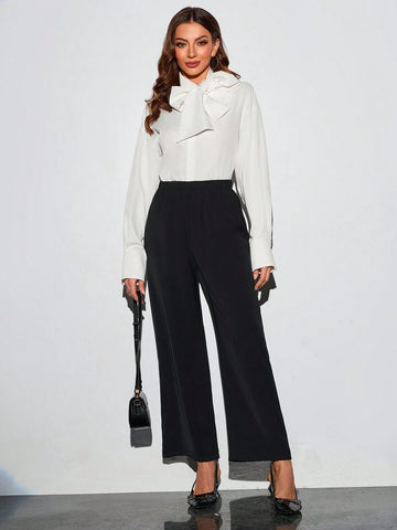 Women's Shirt Solid Color Big Bow Long Sleeve Business Interview Commuting Casual Relaxed Sense Simple Temperament Elegant Spring Summer Autumn Women's Shirt