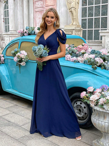 QOQ Navy Blue V-Neck Crossover Wrap Elegant Bridesmaid Dress