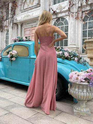 QOQ Solid Color High-Slit Pink Bridesmaid Dress