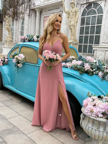 QOQ Solid Color High-Slit Pink Bridesmaid Dress