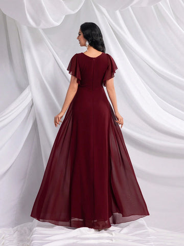 QOQ Women Minimalist Solid Wine Red Formal Dress For Daily Wear