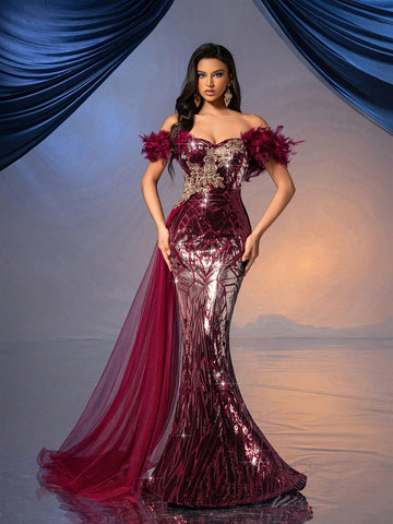 QOQ Women's Floral Patch Decorated Off Shoulder Feather Mesh Splice Luxury Wine Red Formal Evening Gown