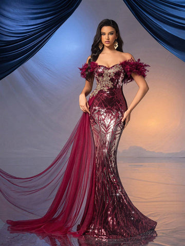 QOQ Women's Floral Patch Decorated Off Shoulder Feather Mesh Splice Luxury Wine Red Formal Evening Gown