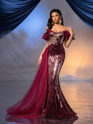 QOQ Women's Floral Patch Decorated Off Shoulder Feather Mesh Splice Luxury Wine Red Formal Evening Gown