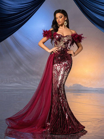 QOQ Women's Floral Patch Decorated Off Shoulder Feather Mesh Splice Luxury Wine Red Formal Evening Gown