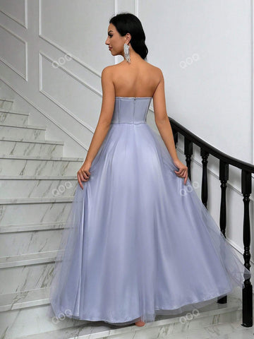 QOQ Women's Solid Color Simple Daily Mesh Patchwork Strapless Slit Maxi Dress