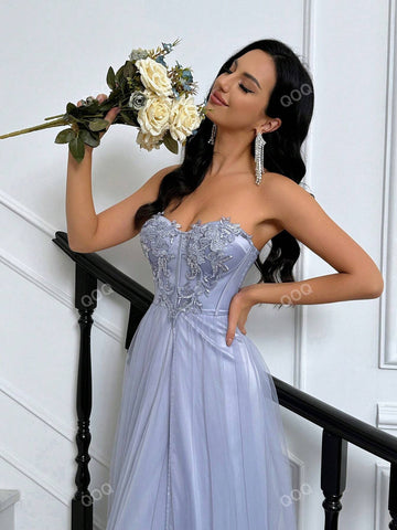 QOQ Women's Solid Color Simple Daily Mesh Patchwork Strapless Slit Maxi Dress