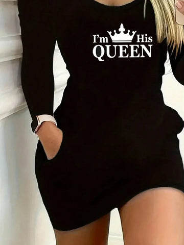 Queen Print Crew Neck Casual Long Sleeve Bodycon Dress, Spring/Autumn, Women