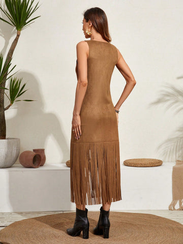 RELISH NOLESS Suede Fringed Hem Front Zipper Dress