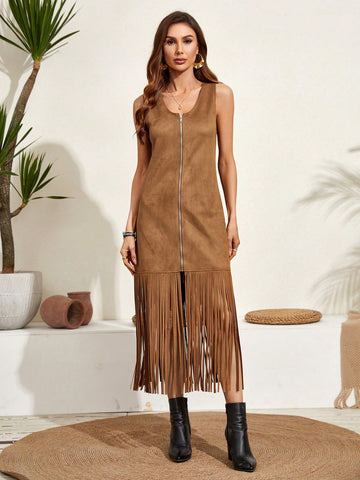 RELISH NOLESS Suede Fringed Hem Front Zipper Dress
