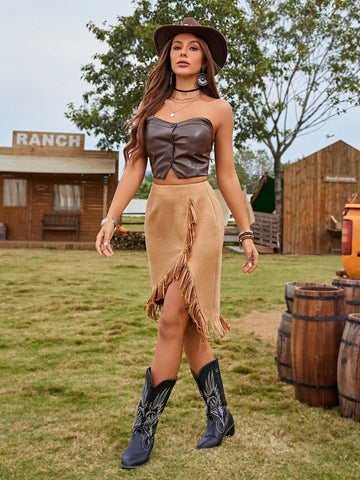 RELISH NOLESS Women'S Solid Color Splice Tassel Irregular Hem Skirt