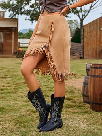 RELISH NOLESS Women'S Solid Color Splice Tassel Irregular Hem Skirt