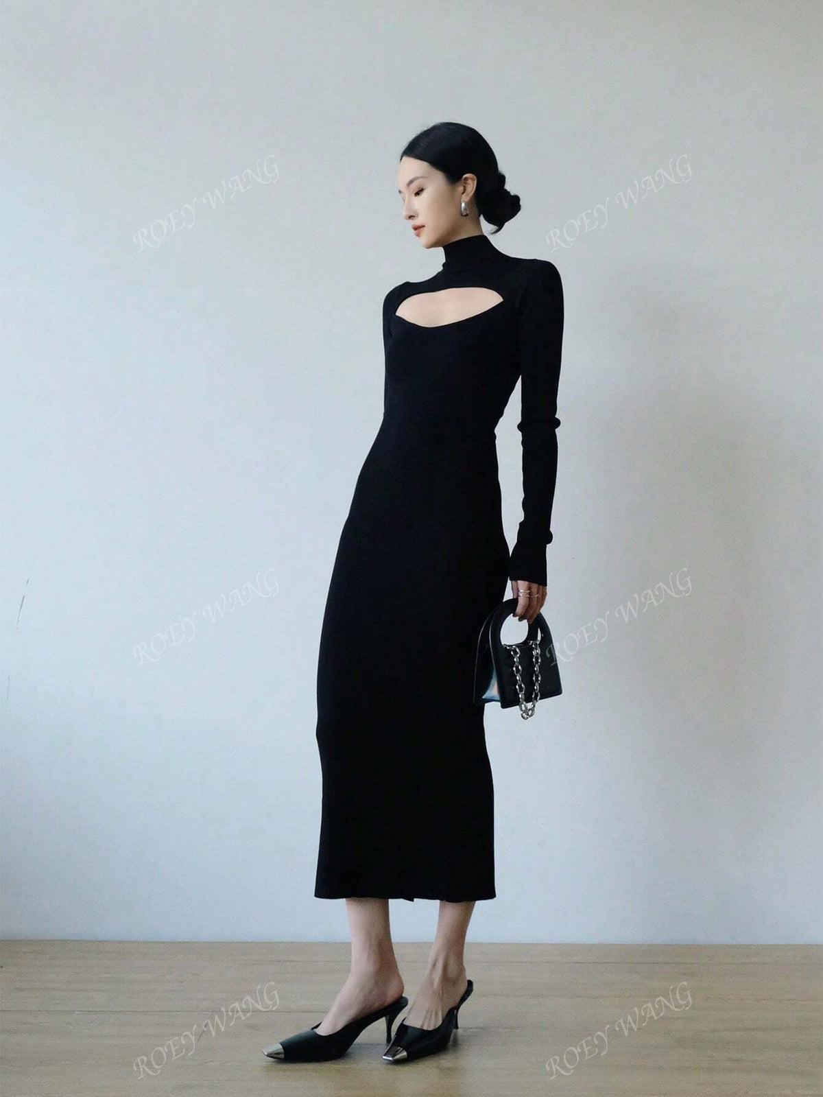 ROEYWANG Autumn Winter Sexy Hollow Out Fitted Stretchy High Quality Midi Knit Dress