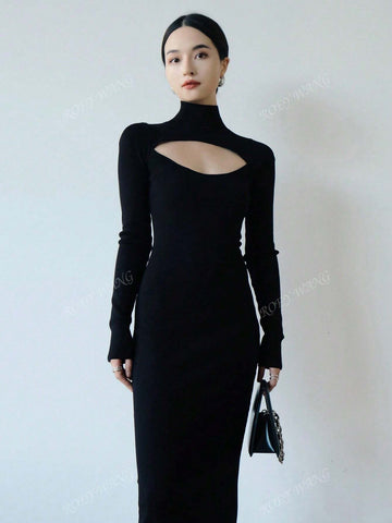 ROEYWANG Autumn Winter Sexy Hollow Out Fitted Stretchy High Quality Midi Knit Dress