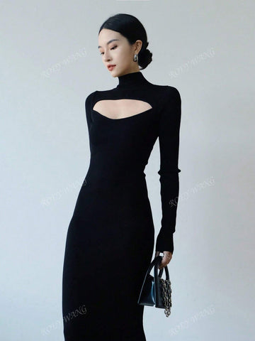 ROEYWANG Autumn Winter Sexy Hollow Out Fitted Stretchy High Quality Midi Knit Dress