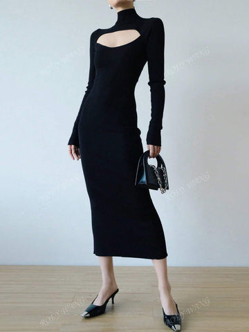 ROEYWANG Autumn Winter Sexy Hollow Out Fitted Stretchy High Quality Midi Knit Dress