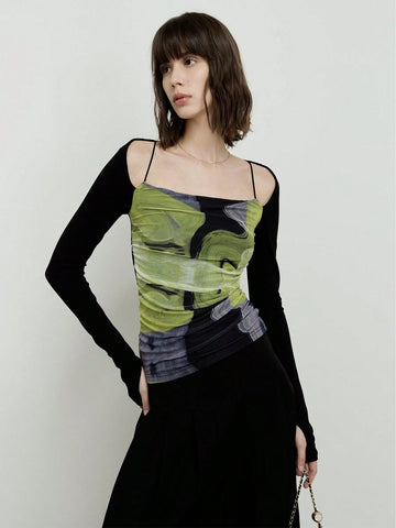 Printed Mesh Elastic Slimming Top, Square Neckline, Cold Shoulder, Backless Knitted Long Sleeve