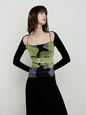 Printed Mesh Elastic Slimming Top, Square Neckline, Cold Shoulder, Backless Knitted Long Sleeve