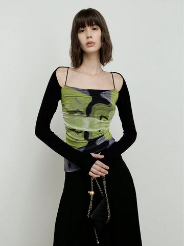 Printed Mesh Elastic Slimming Top, Square Neckline, Cold Shoulder, Backless Knitted Long Sleeve