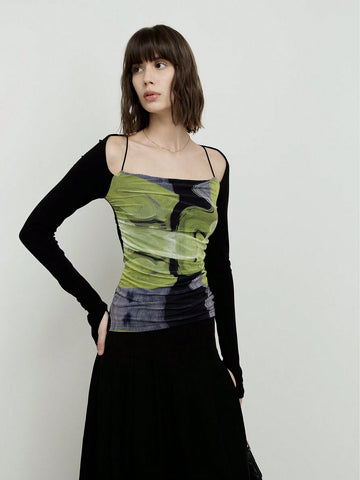 Printed Mesh Elastic Slimming Top, Square Neckline, Cold Shoulder, Backless Knitted Long Sleeve