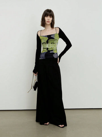 Printed Mesh Elastic Slimming Top, Square Neckline, Cold Shoulder, Backless Knitted Long Sleeve
