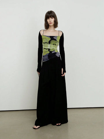Printed Mesh Elastic Slimming Top, Square Neckline, Cold Shoulder, Backless Knitted Long Sleeve
