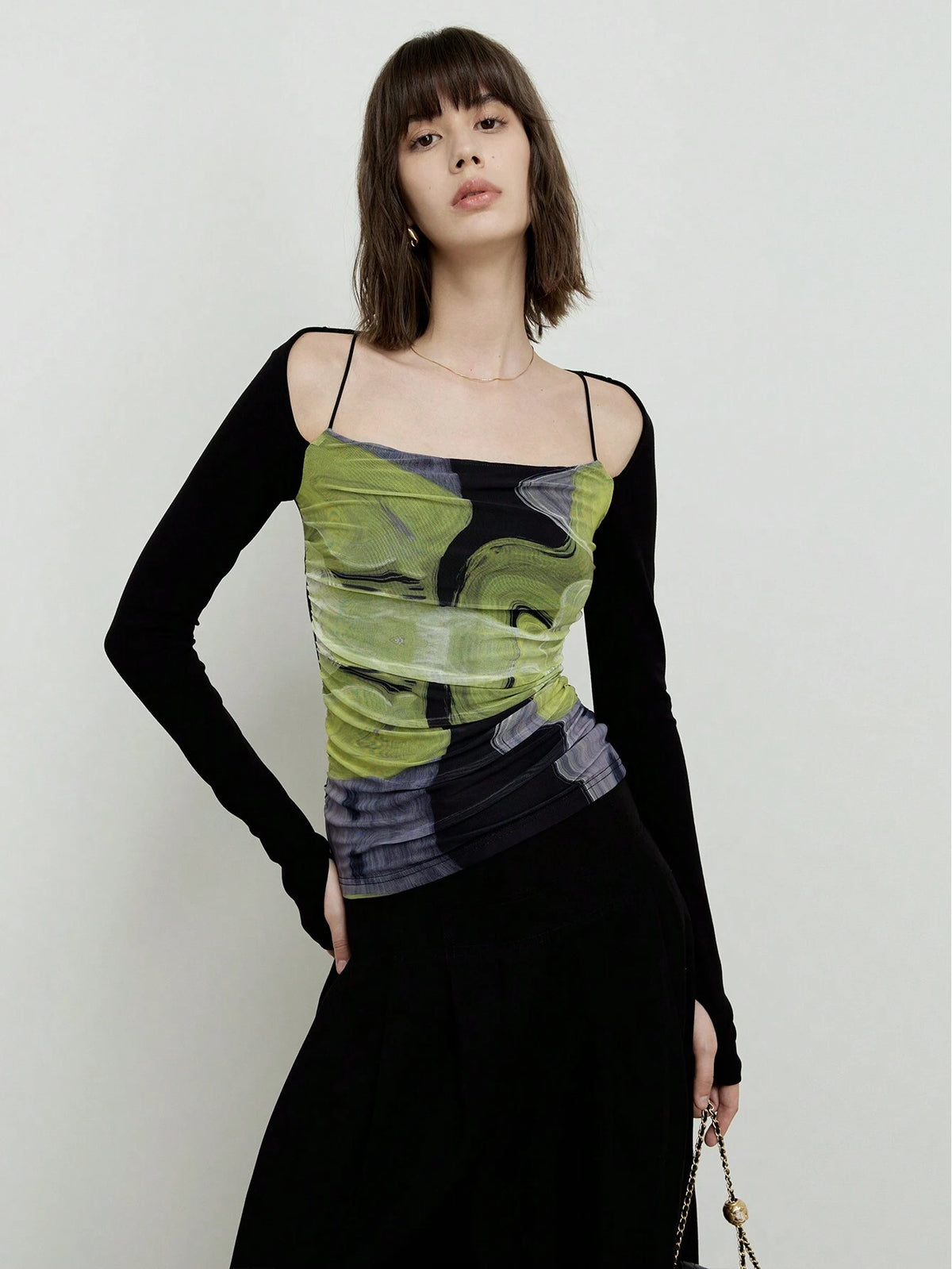 Printed Mesh Elastic Slimming Top, Square Neckline, Cold Shoulder, Backless Knitted Long Sleeve