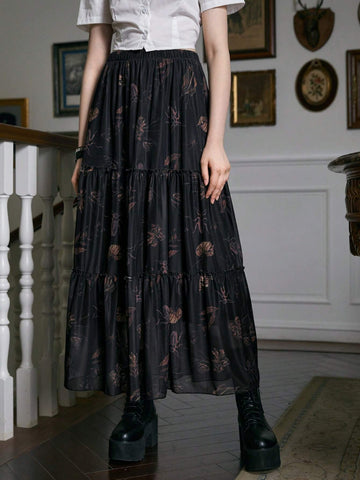 ROMWE Academia Allover Print Ruffle Hem Mesh Skirt, School