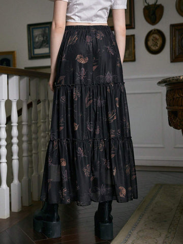 ROMWE Academia Allover Print Ruffle Hem Mesh Skirt, School