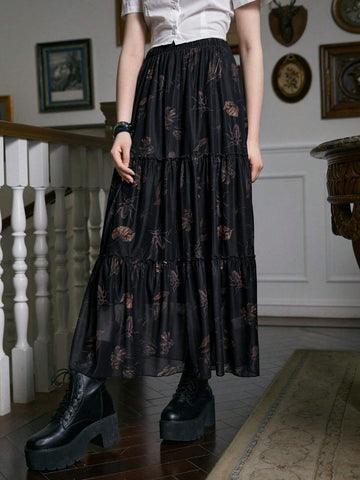 ROMWE Academia Allover Print Ruffle Hem Mesh Skirt, School