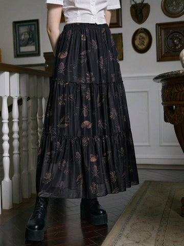 ROMWE Academia Allover Print Ruffle Hem Mesh Skirt, School