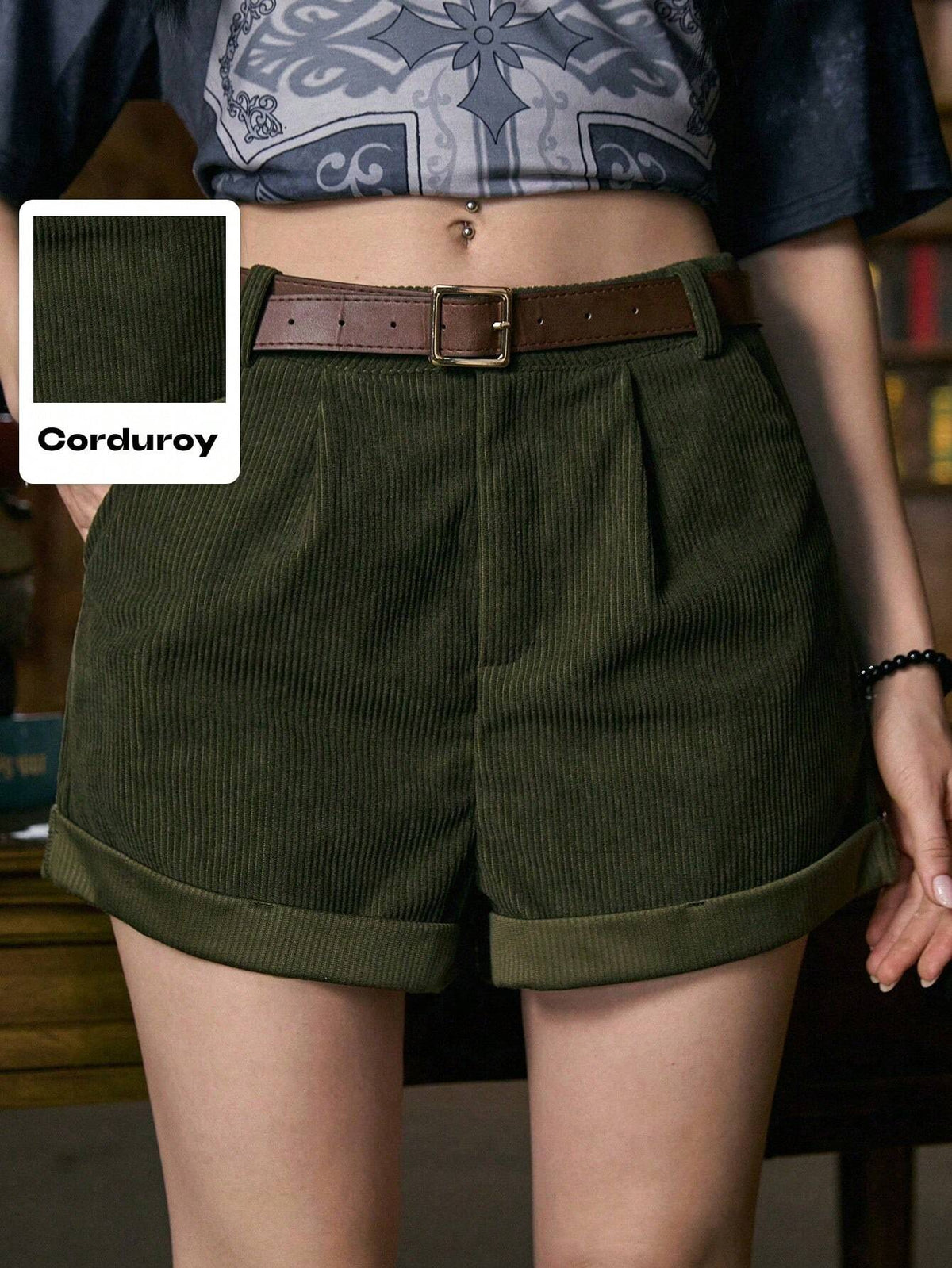 ROMWE Academia Solid Corduroy Belted Shorts, School