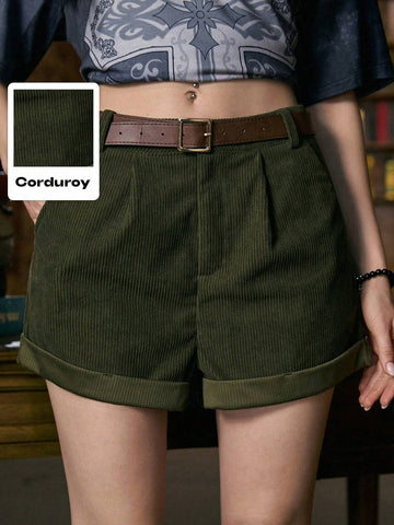 ROMWE Academia Solid Corduroy Belted Shorts, School