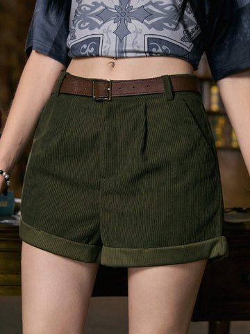 ROMWE Academia Solid Corduroy Belted Shorts, School
