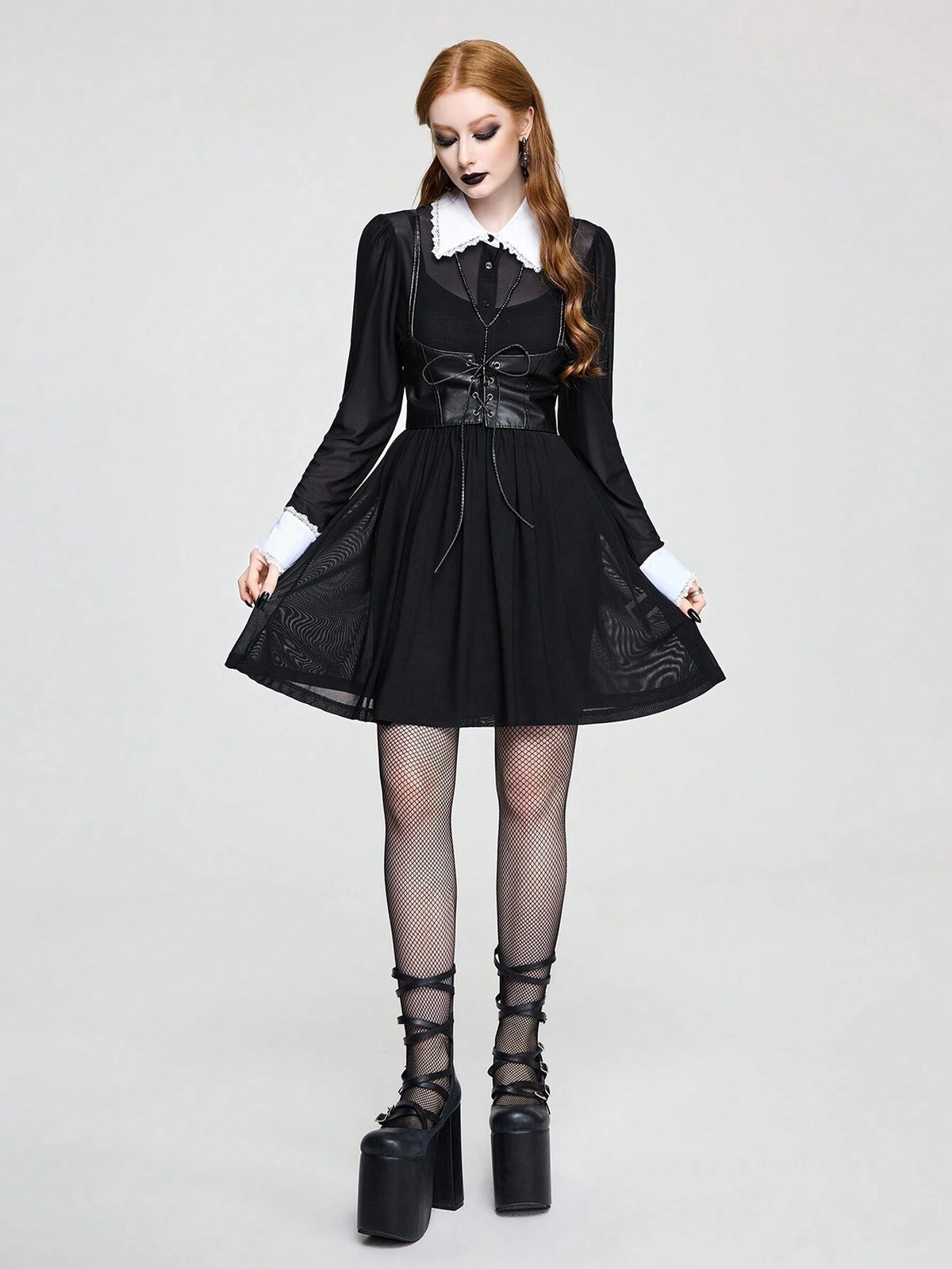 ROMWE Academia Women's Solid Color Patchwork Collar Ruched Sheer Lace Dress