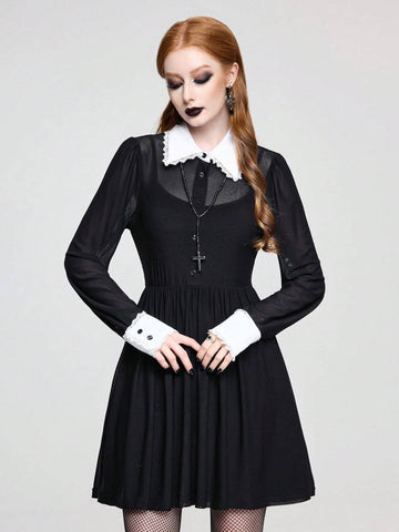 ROMWE Academia Women's Solid Color Patchwork Collar Ruched Sheer Lace Dress