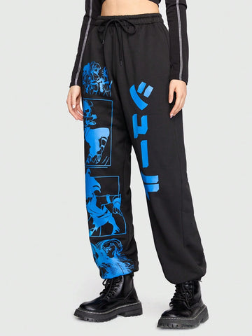 ROMWE Anime Leisure Plus Size Women'S Sweatpants Printed With Anime Pattern