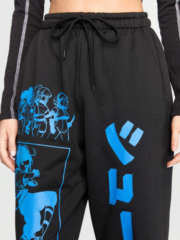 ROMWE Anime Leisure Plus Size Women'S Sweatpants Printed With Anime Pattern