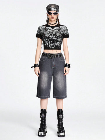 ROMWE Avant Dark Punk Street Style Skull Print Rhinestone Embellished Slim Fit Women's T-Shirt