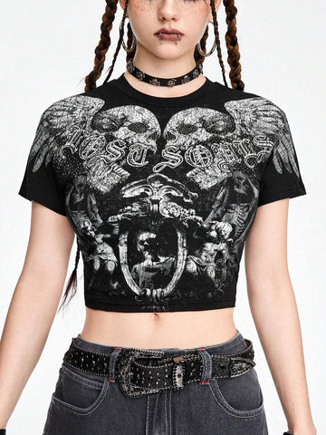 ROMWE Avant Dark Punk Street Style Skull Print Rhinestone Embellished Slim Fit Women's T-Shirt