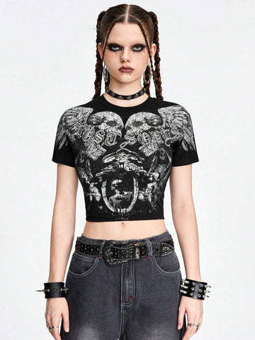 ROMWE Avant Dark Punk Street Style Skull Print Rhinestone Embellished Slim Fit Women's T-Shirt