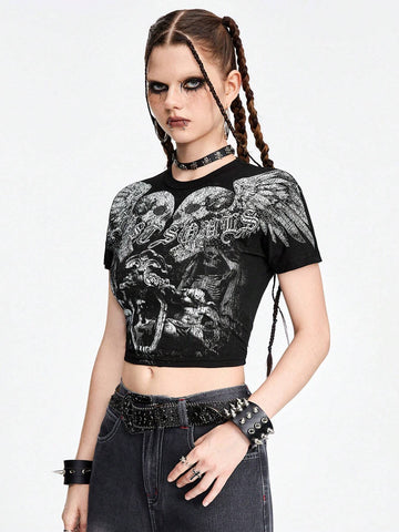 ROMWE Avant Dark Punk Street Style Skull Print Rhinestone Embellished Slim Fit Women's T-Shirt