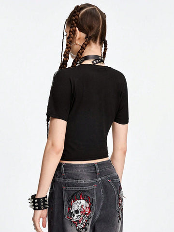 ROMWE Avant Dark Punk Street Style Skull Print Rhinestone Embellished Slim Fit Women's T-Shirt